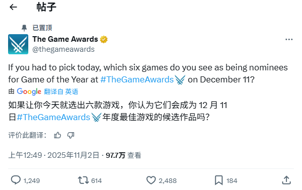 TGA官方提问：你认为哪六款游戏有资格获得年度最佳提名？