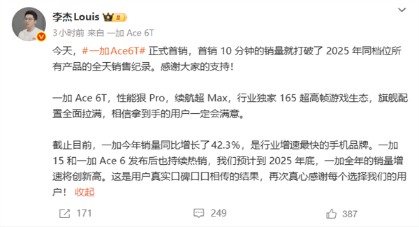 一加Ace6T首销10分钟就卖爆了，直接打破今年同档位机型的全天销售纪录