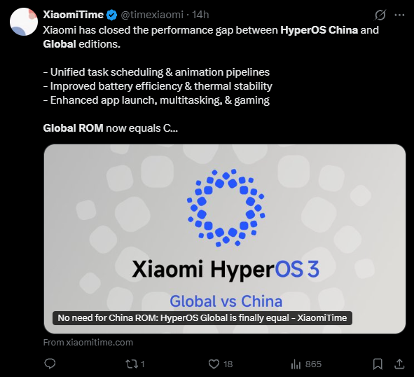小米澎湃OS全球版性能显著增强海外米粉不必再刷入中国版ROM