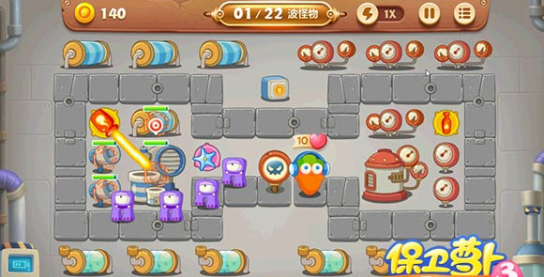 保卫萝卜3工厂第十一关获取金萝卜的通关技巧
