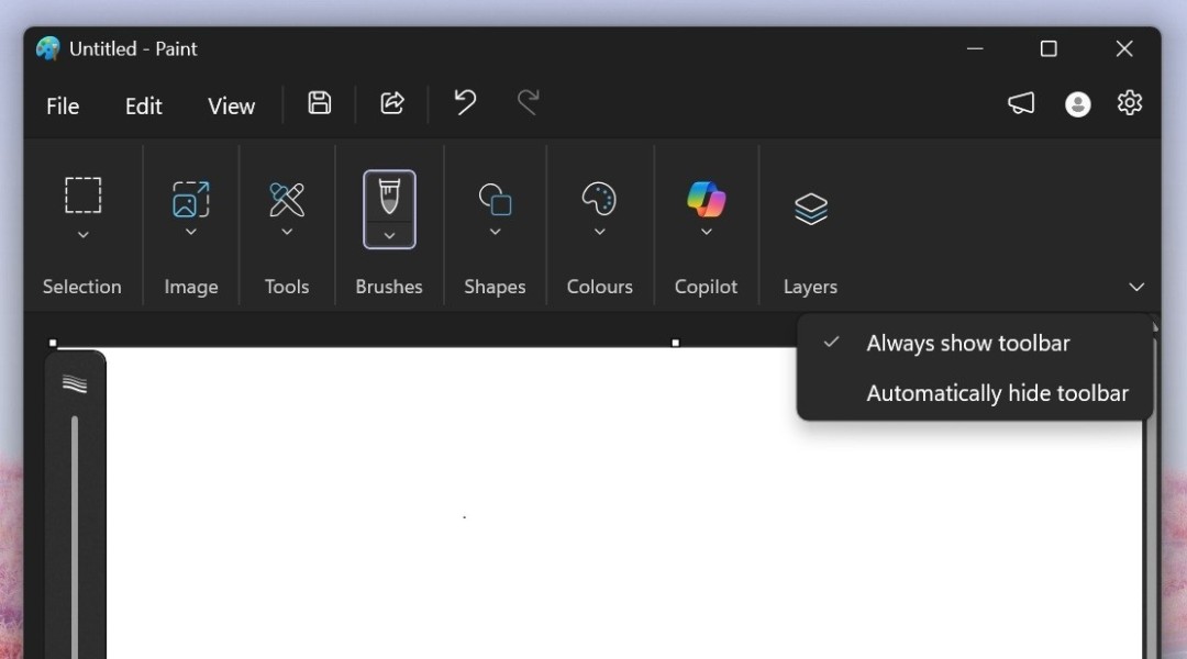 Win11画图程序新增隐藏工具栏功能，同时上线全新AI特性