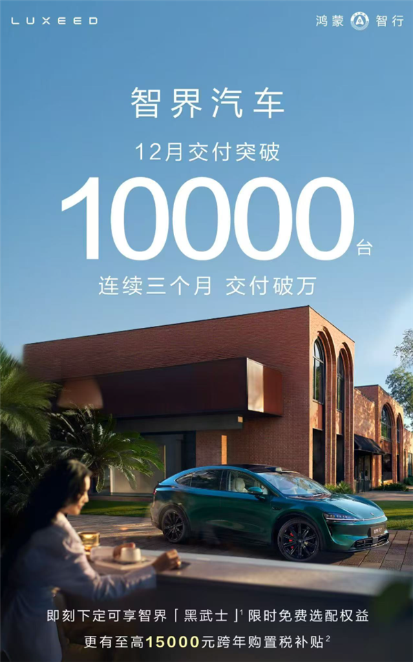 华为再掀市场热潮！智界汽车12月交付量突破1万台已连续3个月站稳万辆台阶
