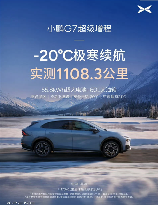 满油满电续航超千公里！何小鹏亲测-20℃严寒：小鹏G7超级增程达成1108.3公里极限续航