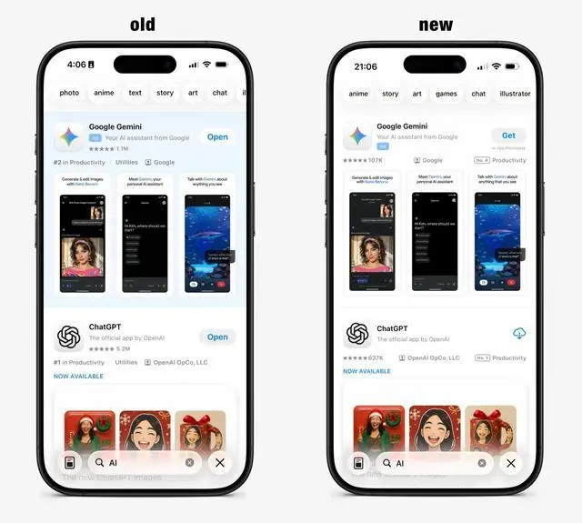 苹果AppStore正测试新设计方案，拟取消广告的蓝色背景