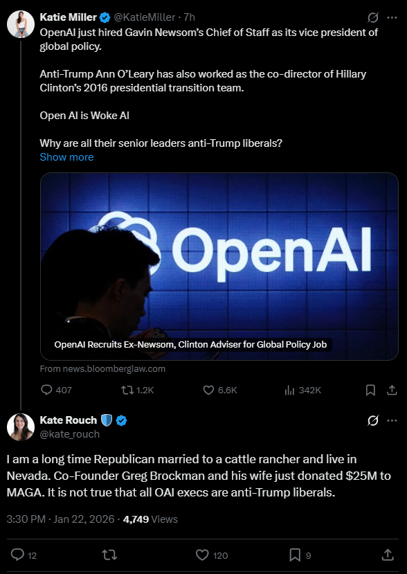 OpenAI首席营销官就“AI觉醒”相关指控作出回应，提及联合创始人布罗克曼曾向MAGA阵营捐赠2500万美元