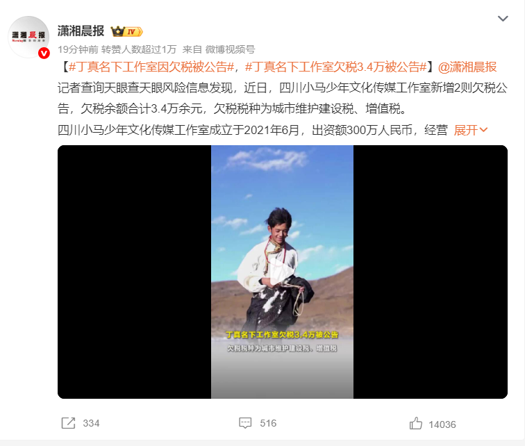 4万欠税！理塘少年丁真工作室被税务公告，引发全网吐槽
