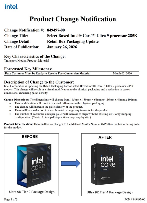Intel旗舰酷睿Ultra9285K包装迎来更新：体积更小、重量更轻、设计更简约