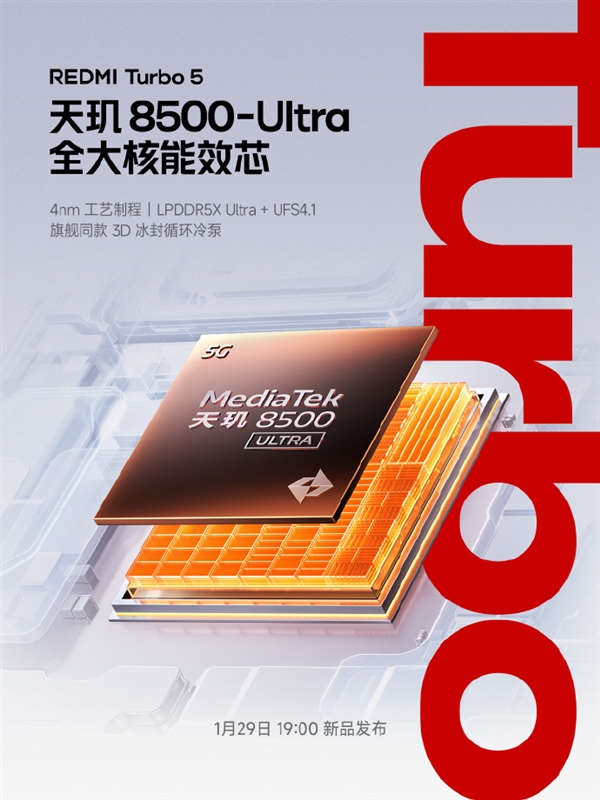 REDMITurbo5官方宣布首批搭载天玑8500-Ultra芯片，2K价位段少见的全大核架构亮相